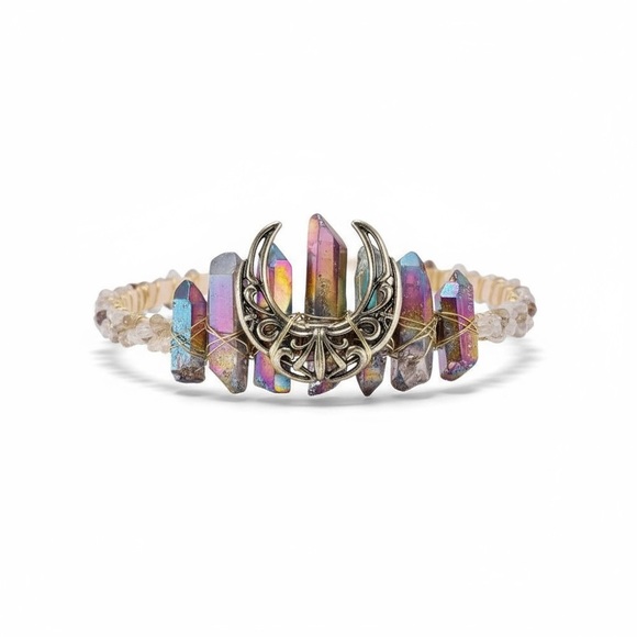 Natural Crystal Tiara Gold and Dark Iridescent Crescent Moon Crown main image 4
